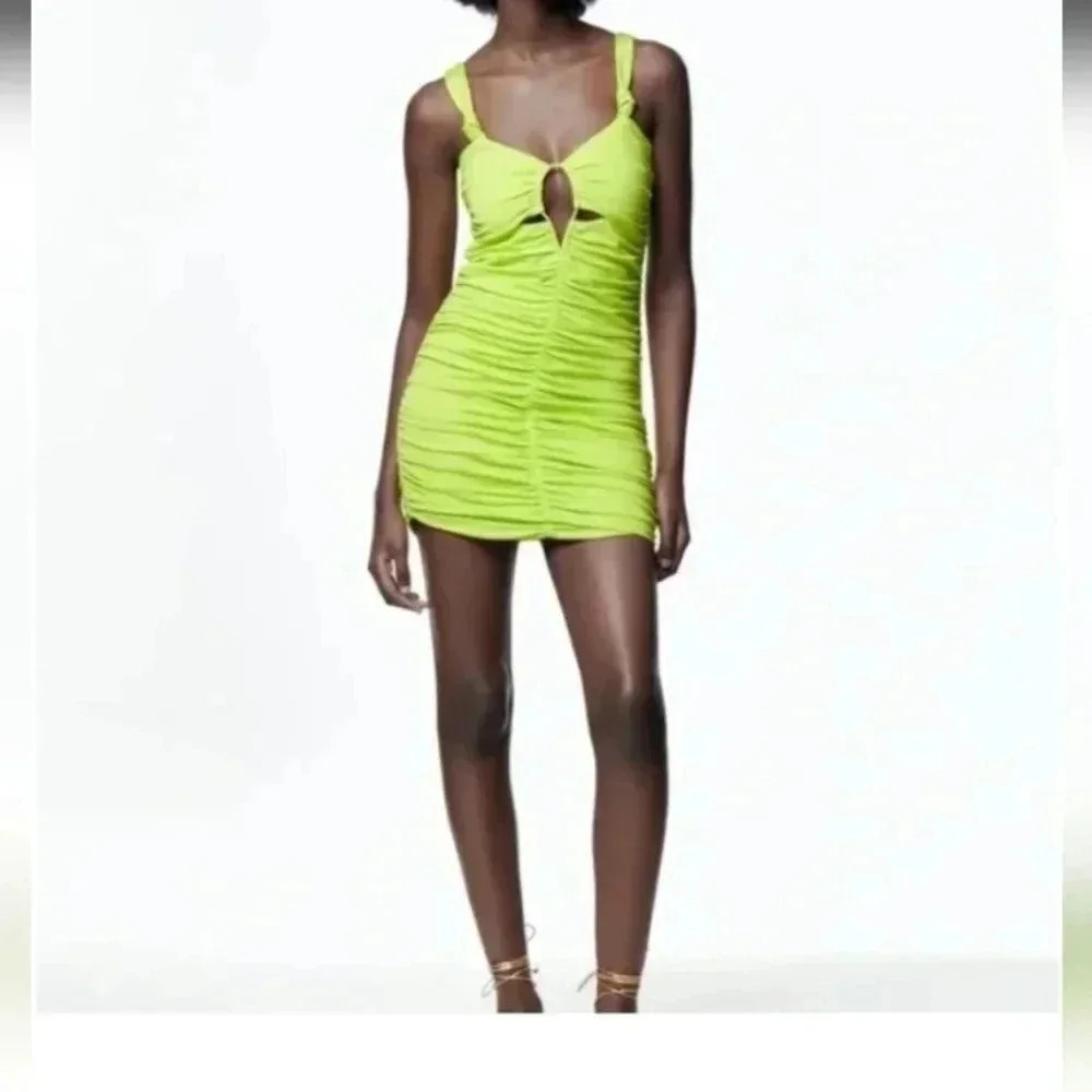 Zara NWT Bright Green Ruched Sleeveless Bodycon Mini Dress  Size Small